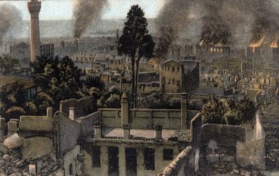 Görögország, Szaloniki (vagy Thesszaloniki): kilátás a felsővárosra, részben leégett, valószínűleg az 1917-es tűzvész idején - Képeslap 1914-1918 alkotó: Unbekannter Künstler
