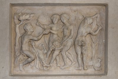 Görög mitológia: Párizs ítélete. Paris pásztornak ki kell választania a legszebbet a három istennő közül Aphroditétól (Vénusz), Cupido, Héra (Junon) és Athéné (Minerva) kíséretében. Aphroditét választja, akinek felajánl egy aranyalmát. Megkönnyebbülés alkotó: Unbekannt