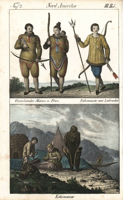 Grönlandi lakosok, akik bőröket viselnek, és egy labradori (Kanada) inuit háromágú szigonnyal. Az alábbi képen az inuit család mindennapi életének egy jelenete látható egy iglu, egy sátor és egy kenu előtt, Észak-Amerika. Litográfia a könyvhöz: "Galerie co alkotó: Unbekannter Künstler