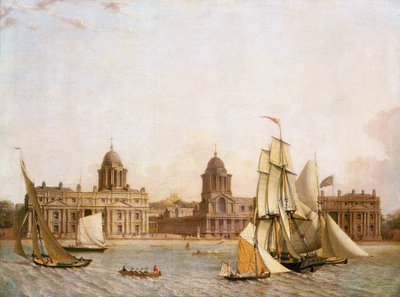 Greenwichi kórház (Anglia), a Dogs-szigetről (a Temze északi partján), a folyón közlekedő különféle hajókkal. Olaj, vászon, 1830-1840 körül. alkotó: Unbekannter Künstler