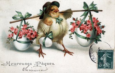Húsvéti üdvözlőlap: rózsákkal töltött tojásokat cipelő fióka - 1908-as képeslap alkotó: Unbekannt