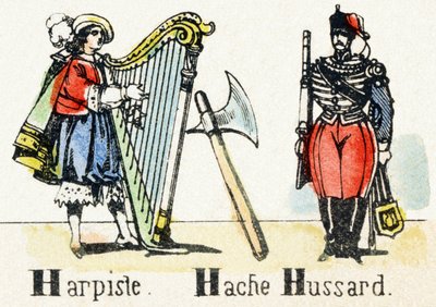 H – Harfas Axe Hussar – Ábécé – gyerekszórakoztatás – Kép epinal, népszerű sorozat 1890 körül (illusztráció) alkotó: Unbekannt