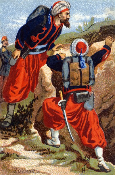 H: Zouaves. Metszet "Katonai ábécé"-ben. Az illusztrátor kezdőbetűi: A. D. Ismeretlen kiadó. Kromolitográfia a 19. század végén. Mérete: 10,5x7 cm. alkotó: Unbekannt