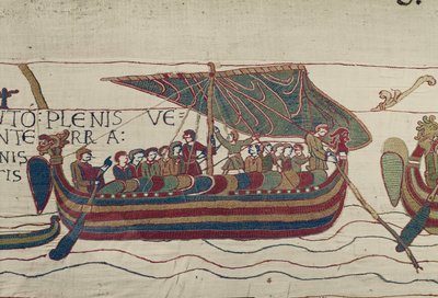 Harold hajóit Ponthieu Guy gróf területére fújják, Bayeux Tapestry (gyapjú hímzés vászonra) alkotó: Unbekannt