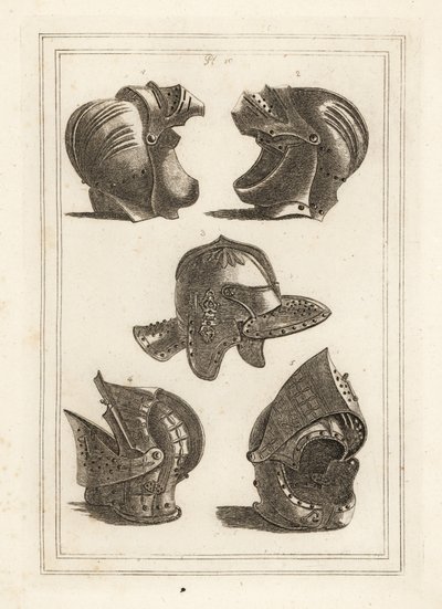 John de Courcy sisakja, Ulster grófja 1,2, Oliver Cromwell fejvédője 3, dönthető sisak 4,5 alkotó: Unbekannt