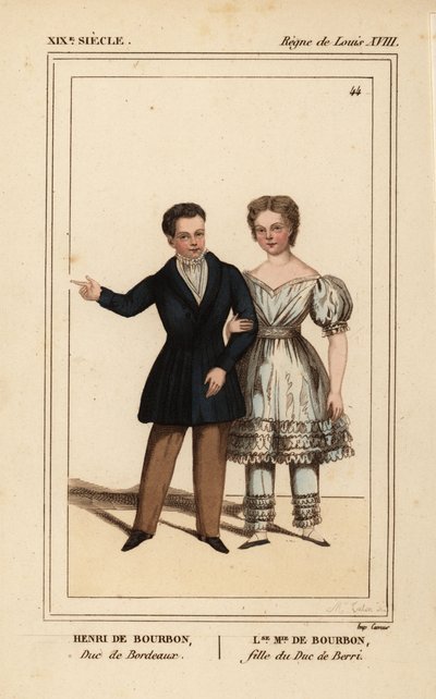 Henrik, Chambord grófja, Bordeaux hercege 1820-1883 és Louise Marie Therese of Artois, Berry hercegének lánya 1819-1870. Madame Calon kézi színezésű litográfiája a Le Bibliophile Jacob, azaz Paul Lacroix Costumes Historique de la France (Franciaország tört alkotó: Unbekannter Künstler
