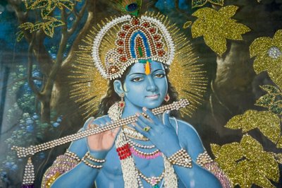 Hinduizmus; Lord Krishna festménye fuvolával; Durgiana Mandir Visnu templom; Amritsar; Pandzsáb; India; Dél-Ázsia; Ázsia alkotó: Unbekannt