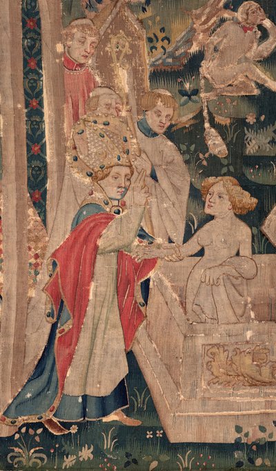 Saint Piat és Saint Eleuthère története, más néven arras-i gobelin. Toussaint Prier kanonoktól, Burgundia hercegének káplánjától rendelte, 14. század vége-15. század eleje. 22m x 2m. Részlet (faliszőnyeg) alkotó: Unbekannter Künstler