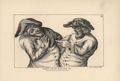 Hodge és Roaf azzal vádolják egymást, hogy egy korsó sör helyett egy fazék húgyot hagytak. Thomas Sanders rézmetszete Timothy Bobbin (John Collier) (1708-1786) szatirikus illusztrációja után a Human Passions Delineated, John Haywood, Manchester című kötetb alkotó: Unbekannter Künstler