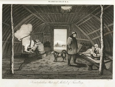 Kamcsatka kunyhó (Oroszország szélső keleti félszigete) és szállítószán, 1810 körül alkotó: Unbekannt