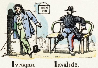 I - Ivrogne Invalide - Alphabet - gyerekszórakozás - Kép epinal, népszerű sorozat 1890 körül (illusztráció) alkotó: Unbekannt