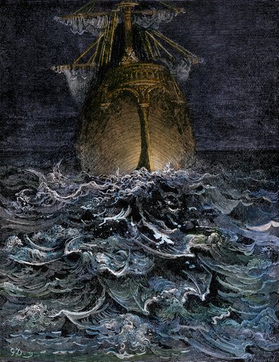 Néztem a tenger bomlását, egy hajótestet az éjszakai tengeren - Gustave Dore (1832-1883) illusztrációja Samuel Taylor Coleridge (1772-1834) "La Lournte du vieux sailor" című művéhez - Színezett metszet. alkotó: Unbekannter Künstler