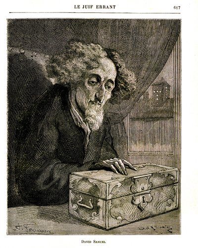 Illusztráció Eugene Sue „A vándorló zsidó” című regényéről – FERDINANDUS metszete a Jules Rouff 1883-as kiadásában. David Samuel, a De Rennepont család vagyonának őre, az értékpapírokat, részvényeket, váltókat tartalmazó kazettával (ládával) alkotó: Unbekannt