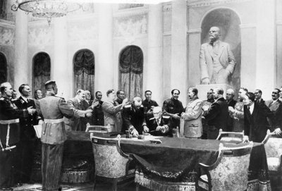 A béke nevében” V., Vihtinszkij, B, Zsukov, E, Levin, L, Csernov és L, Smatkov szovjet művész festménye a baráti, szövetségi és kölcsönös segítségnyújtási szerződés aláírását ábrázolja. Szovjetunió és a kínai nép alkotó: Unbekannt
