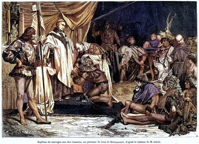 Jean de Bethencourt normann úriember, de Saint Martin le Gaillard báró, 1405 januárjában meghódította és keresztyénné tette a Kanári-szigeteket a „Sur terre et sur mer” folyóirat 28. számától, január 8. alkotó: Unbekannter Künstler