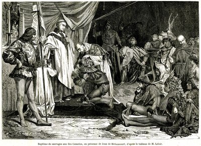 Jean de Bethencourt normann úriember, de Saint Martin le Gaillard báró, 1405 januárjában meghódította és keresztyénné tette a Kanári-szigeteket a „Sur terre et sur mer” folyóirat 28. számától, január 8. alkotó: Unbekannter Künstler