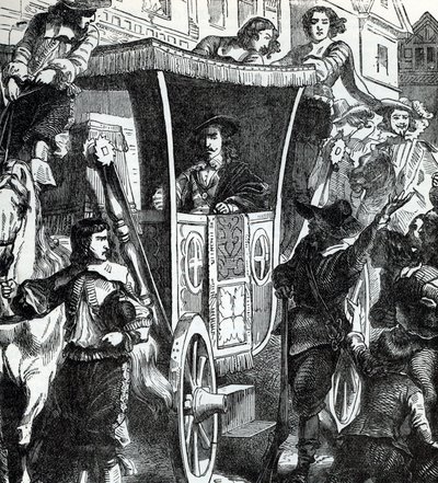I. Károly király a tömegben, miután az öt parlamenti képviselő, John Pym, John Hampden, Denzil Holles, William Strode és Arthur Haselrig letartóztatására tett sikertelen kísérlet 1642. január 4-én meghiúsult. 19. század (metszet a "History of the world"-bő alkotó: Unbekannter Künstler