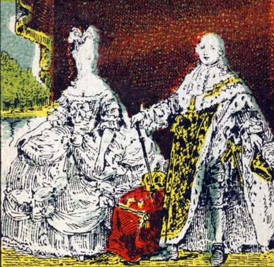 XVI. Lajos francia király és Marie Antoinette királyné. Metszet a „Histoire de France”-ban. A Louit megbízásából kiadott reklámképsorozat, 24 rue d