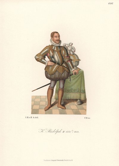 II. Rudolf király, szent római császár, cseh király, osztrák főherceg (1552-1612). Csipketerítőben, arannyal díszített lemezpáncélban, felszabdalt párnázott harisnyában és láncpáncél zokniban. Kromolitográfia a Hefner-Alteneck