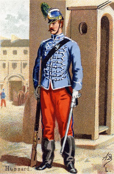 L: Hussard. Metszet "Katonai ábécé"-ben. Az illusztrátor kezdőbetűi: A. D. Ismeretlen kiadó. Kromolitográfia a 19. század végén. Mérete: 10,5x7 cm. alkotó: Unbekannt