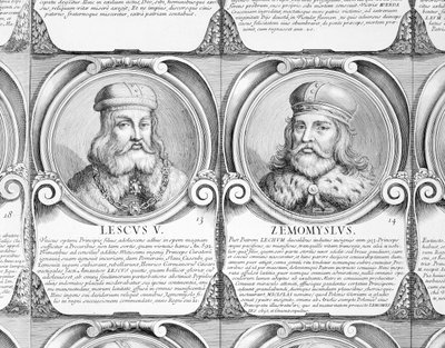 Lestko és Siemomysl, sz. 13. és 14. „A lengyelek hercegeinek és királyainak kronológiai sorozata” (metszet) alkotó: Unbekannt
