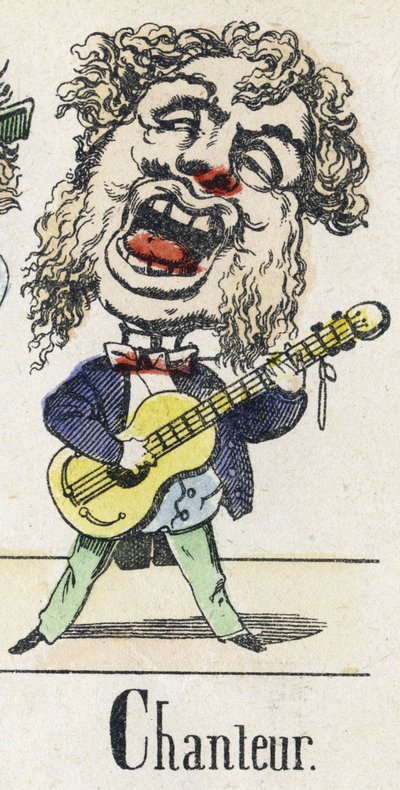 C betű: énekes. A keleti mese ábécéje. Az Epinal képalkotása, 1890 körül. Népszerű sorozat. 8 oldalas kis füzet. Mérete: 205x150 mm. Sablonos fametszetek metierek témájában alkotó: Unbekannt