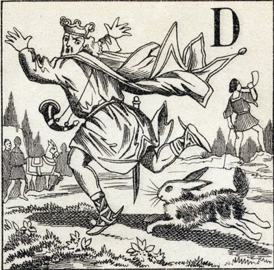 D betű: Dagobert királyt egy nyúl üldözi. Gravírozás "ABC Les Images en Alphabet"-ben. Epinális képalkotás. Pellerin és Cie, nyomdász-kiadó, Epinal, 19. század vége, 1890 körül. 10 oldal. Mérete: 19,5 x 13,5 cm alkotó: Unbekannt