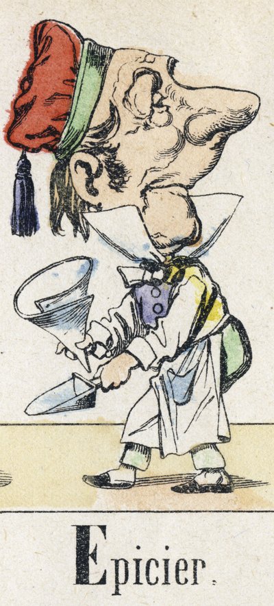 E betű: Élelmiszerbolt. A keleti mese ábécéje. Az Epinal képalkotása, 1890 körül. Népszerű sorozat. 8 oldalas kis füzet. Mérete: 205x150 mm. Sablonos fametszetek metierek témájában alkotó: Unbekannt