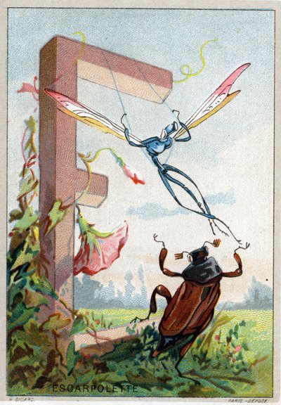 E betű, mint Escarpolette. Mr. Marinier művészi ábécéje. Szerkesztette Henry Sicard, 19. század vége. Kromolitográfok reklámozása a gyógyszertárakban forgalmazott termékekhez. Mérete: 12,5 x 9 cm alkotó: Unbekannt