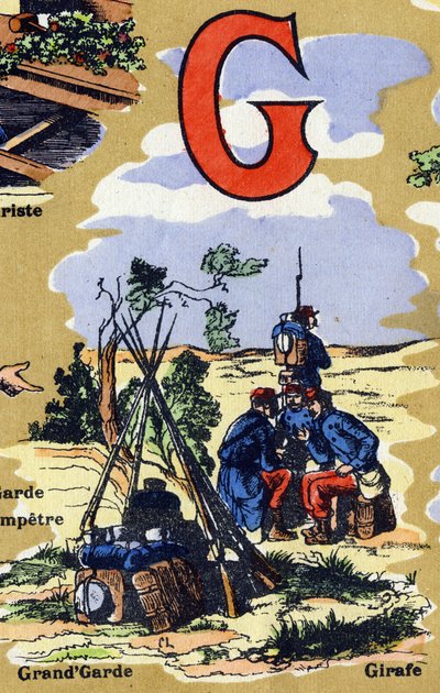 G betű, mint a hadsereg nagy őrzője. Iphabet illusztrálja. A képek újra egyesültek Jarville-Nancy-ben, a 20. század elején. Mérete: 40x29 cm. Litográfia bisztre alapon alkotó: Unbekannt