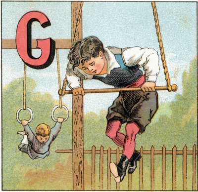 G betű a gimnasztikához. Metszet „Alphabet des petits ecoliers” felirattal. Az Epinal képalkotása, 1885 körül. Privee Collection alkotó: Unbekannt