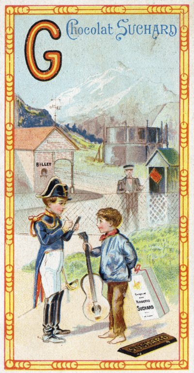 G betű: gleccser, csendőr, gázmérő, kölyök, állomás, harcos, lapát, gitár. Az ábécé metszetét Chocolat Suchard szerkesztette, a XX. század eleje. 24 kromolitográfia, amelyek a képen felfedezendő helyeket, karaktereket és tárgyakat ábrázolják alkotó: Unbekannt