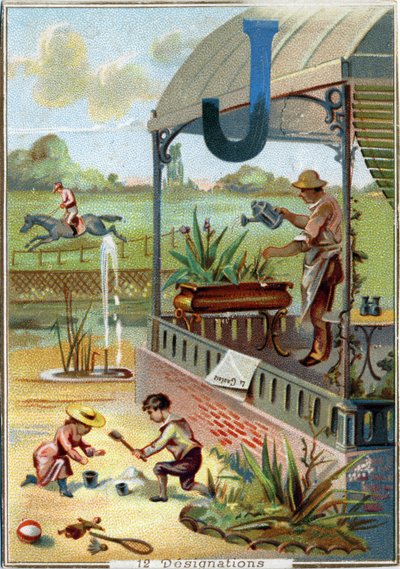 J betű: kert; játszma, meccs; játékok; zsoké; kertész; kertész; távcső; vadászgép; újság. Ábécé . Mindegyik képen számos illusztris szó található, amelyek ábrázolása színpadra kerül. A párizsi litográfia kromolitográfiái, 1890 körül. Mérete: 10,7x7,5 cm alkotó: Unbekannt
