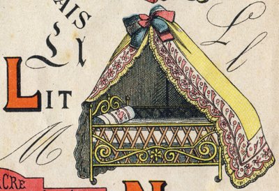 L betű. Gravírozás az "ABC Toys"-ba. Epinalis képalkotás a kromolitográfiában, 1890 körül. 8 oldalas kis füzet. Mérete: 195x135mm, 4. borítóban való hirdetés fogadására szolgál. Otthoni használatra, illusztris családtagot és kis olvasási módszert kínál. alkotó: Unbekannt