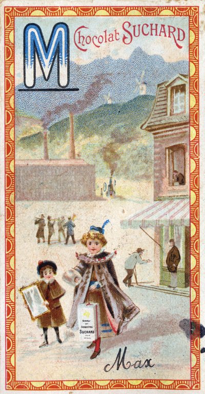 M betű: hegy, tükör, gép, gyártás, kabát, koldus, malom. Az ábécé metszetét Chocolat Suchard szerkesztette, a XX. század eleje. 24 kromolitográfia, amelyek a képen felfedezendő helyeket, karaktereket és tárgyakat ábrázolják. Homályos: alkotó: Unbekannt