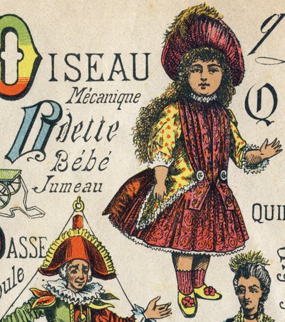 O betű. Gravírozás az "ABC Toys"-ba. Epinalis képalkotás a kromolitográfiában, 1890 körül. 8 oldalas kis füzet. Mérete: 195x135mm, 4. borítóban való hirdetés fogadására szolgál. Otthoni használatra, illusztris családtagot és kis olvasási módszert kínál. alkotó: Unbekannt