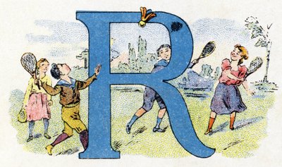 R betű: Repülő ütő. Phosphatine Falieres ábécéje. Metszés. Brevete ábécé S.G.D.G. Pierre Emile Falieres gyógyszerésztől. Kromolitográfiai illusztrációk, 19. század vége. 16 oldal. Mérete: 103x154 mm alkotó: Unbekannt