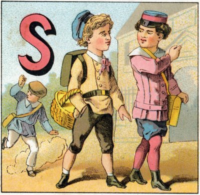 Az S betű iskolaelhagyásként. Metszet „Alphabet des petits ecoliers” felirattal. Az Epinal képalkotása, 1885 körül. Privee Collection alkotó: Unbekannt