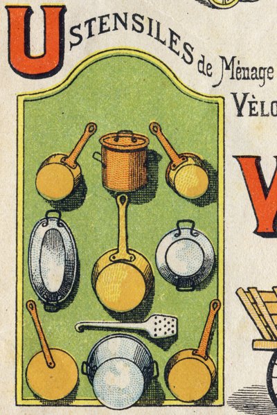 U betű. Kókusz, tűzhely, mókus, serpenyő... Metszet "ABC Toys"-ba. Epinalis képalkotás a kromolitográfiában, 1890 körül. 8 oldalas kis füzet. Mérete: 195x135mm, 4. borítóban való hirdetés fogadására szolgál. Otthoni használatra, kiváló ab-t kínál alkotó: Unbekannt