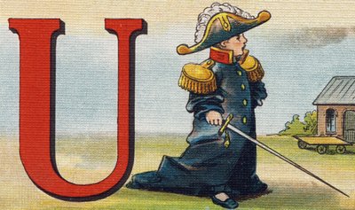 U betű: egyenruha. Metszet "Alphabet de ma petite fille". Bernardin-Bechet és Fils, könyvkereskedő-kiadók, Párizs, 1895 körül. Törhetetlen album vásznon. Bibliotheque des Bebes. 12 oldal. Olvasási módszert és szemléltető abecedet tartalmazó album alkotó: Unbekannt