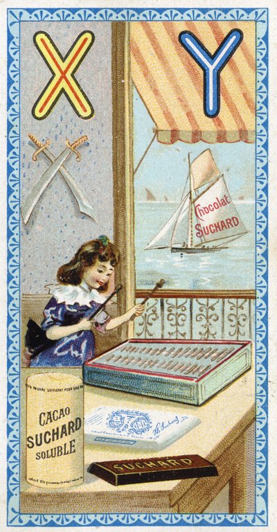 X betű: xilofonista és Y: yatagan, jacht. Az ábécé metszetét Chocolat Suchard szerkesztette, a XX. század eleje. 24 kromolitográfia, amelyek a képen felfedezendő helyeket, karaktereket és tárgyakat ábrázolják. Mérete: 105x55 mm alkotó: Unbekannt