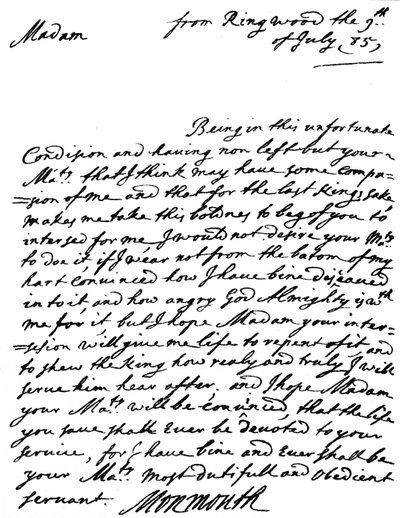 Irgalmasságért könyörgő levél, amelyet Jakab, Monmouth hercege írt lázadása kudarca után és elfogása másnapján Katalin braganzai királynőnek július 9-én. alkotó: Unbekannt