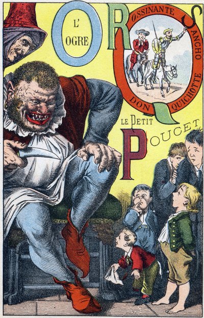 Levelek: O P Q R S – Az Ogre és a Peucet, Don Quijote, Rossinante és Sancho – Metszet az „ABC Les Images en Alphabet”-ben – Imaging d