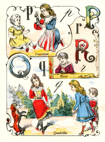 A P Q és R betűk félelmetesek, nevetés és quadrille. Metszet "Mókás ábécé"-ben. Pont-a-Mousson képalkotása. Nyomtatás és kiadás Louis Vagne, 19. század vége alkotó: Unbekannt
