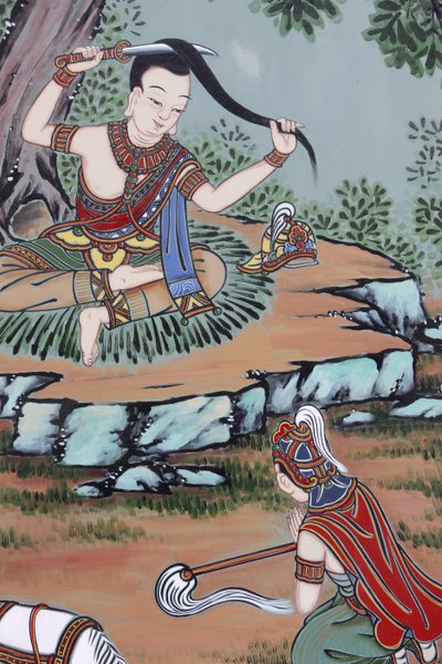 Buddha élete Távol a palotától Sziddhárta herceg szép ruháit rongyokra cserélte és hosszú haját levágatta, Szöul, Coree du Sud alkotó: Unbekannt