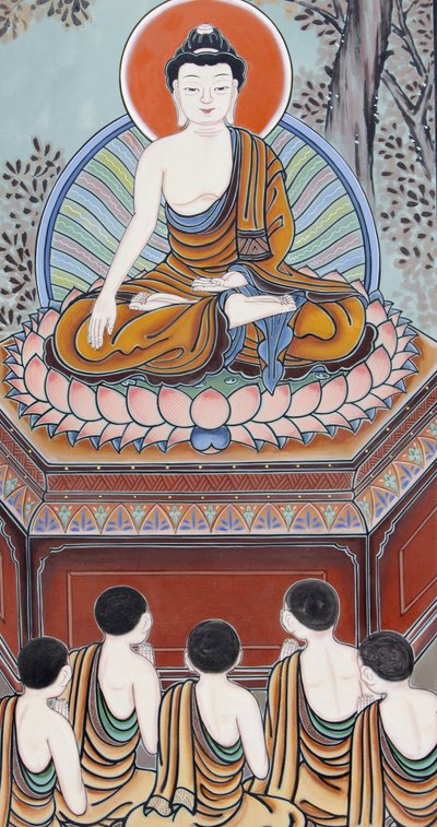Buddha élete Buddhaként, felébredtként visszatért, hogy megtanítsa öt gyakorlótársának a kielégítetlenség nemes igazságát, az ok nemes igazságát (sóvárgás), a megszűnés nemes igazságát és a nemes nyolcszoros ösvényt, amely a megszűnés alkotó: Unbekannt