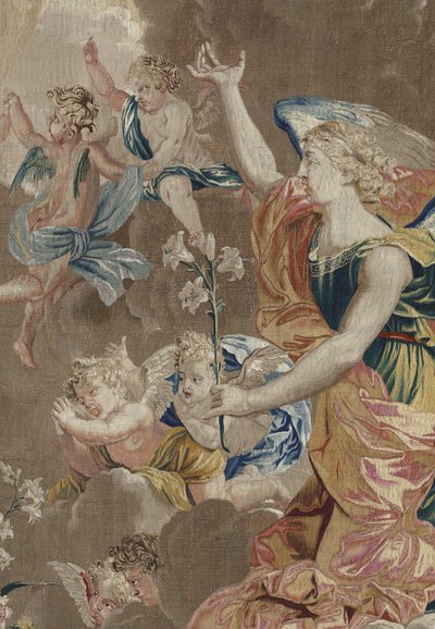 A Szűz élete: „Az Angyali üdvözlet” – Részlet Pierre Damour műhelyében Charles Poerson (1609-1667) rajzai alapján készült gyapjúból és selyemből készült kárpit. alkotó: William M. Timlin