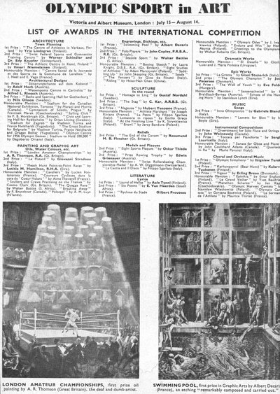 Az 1948-as londoni olimpia építészetért, művészetért, szobrászatért, irodalomért, drámáért és zenéért díjazottjainak listája (litho) alkotó: Unbekannt