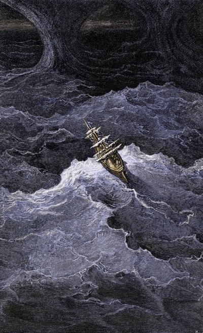 Irodalom: Irodalom: Csónak a tenger közepén. Samuel Taylor Coleridge (1772-1834) "Rime of the Ancient Mariner" című regényének illusztrációja. Színes metszet Gustave Dore illusztrációja után. alkotó: Unbekannter Künstler