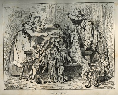 A kis Poulet és éhes testvérei. Gustave Dore (1832-1883) metszete Charles Perrault (1628-1703) „Les contes” című könyvéből alkotó: Unbekannt